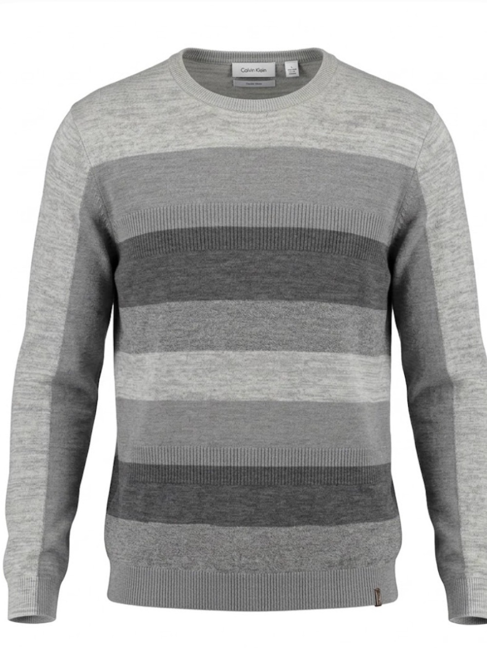 Calvin Klein Mens Gray Striped Merino Wool Blend Italian Yarn Sweater Large